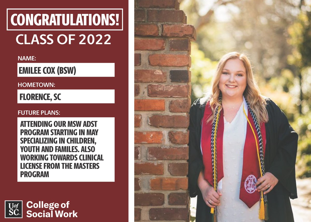 uofsccosw's tweet photo. Meet Emilee Cox, a #BSW #UofSC2022 graduate and future #MSW alumna. We're happy to share in the excitement of her graduation and best wishes to all of our graduates on their next adventures!
#cockyaboutsocialwork #TheRemarkableWe https://t.co/8IyRmjEry6