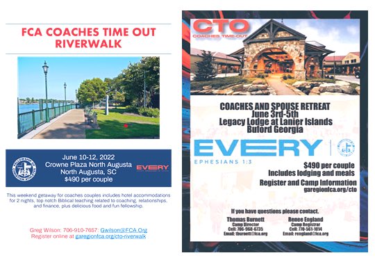 Jason Lester (@jason_k_lester) on Twitter photo FCA Coaches Time Out is a weekend-getaway designed for a coach & spouse to reconnect, relax & refresh. Lanier Islands (June 3-5), Augusta (June 10-12)
Contact local FCA staff for scholarship opportunities.
garegionfca.org/cto
garegionfca.org/cto-riverwalk
<a href="/GACACoaches/">Georgia Athletic Coaches Association</a> <a href="/GADACOACHES/">GADA</a> FCA Coaches Time Out is a weekend-getaway designed for a coach & spouse to reconnect, relax & refresh. Lanier Islands (June 3-5), Augusta (June 10-12)
Contact local FCA staff for scholarship opportunities.
garegionfca.org/cto
garegionfca.org/cto-riverwalk
<a href="/GACACoaches/">Georgia Athletic Coaches Association</a> <a href="/GADACOACHES/">GADA</a>