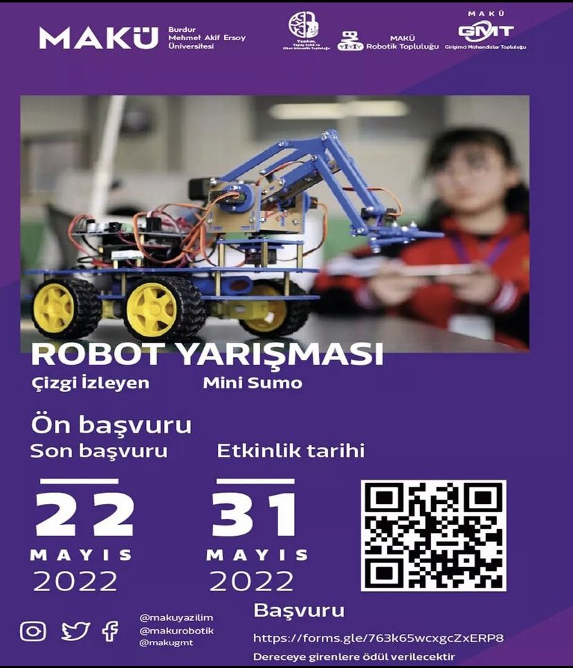 31 Mayıs’ta düzenlenecek robot yarışması için sen de takımını kur ve başvurunu yap...

docs.google.com/forms/d/e/1FAI…