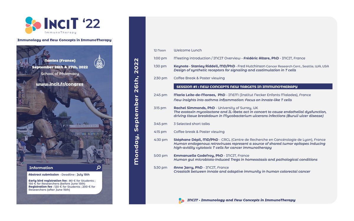 INCIT'22 will take place in Nantes on Sept. 26 &amp; 27th. It aims at sharing the latest findings with regards to immunotherapy strategies in the context of cancer, inflammation and infectious diseases. Programme on : incit.fr/congres-incit-… - #incit-22 #immunotherapy