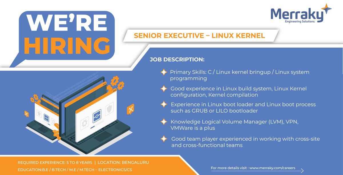 MerrakyEngg's tweet photo. Merraky is Hiring!!!
Position: Senior Executive – Linux Kernel

📌Comment if interested and like the post for better reach.
📌 Apply Link: https://t.co/CAquxeMkV5

#merraky #hiring #linuxkernel #linux #embeddedsoftware #kernelconfiguration #bootloader https://t.co/T4lB005lPr