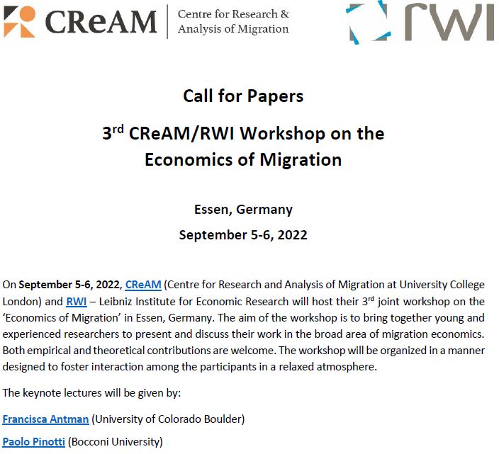 🚨Call for Papers🚨 Join us for the 3rd #migration #economics workshop of <a href="/CReAM_Research/">CReAM</a> and <a href="/RWI_Leibniz_en/">RWI Leibniz Institute</a> 🗓️Sept 5 &amp; 6, 2022 in Essen 🇩🇪. We invite submissions in the broad area of migration economics. Submission deadline: June 15. #econtwitter