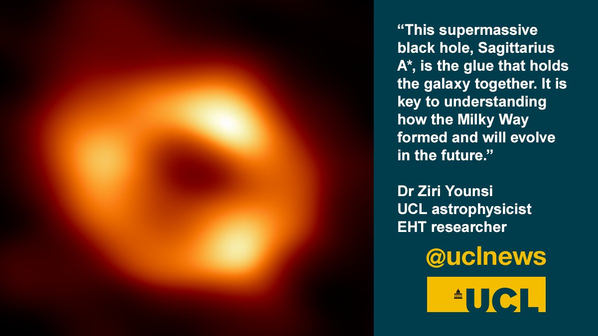 uclnews's tweet photo. The first ever image of the supermassive black hole at the centre of our galaxy has been unveiled by the @ehtelescope Collaboration involving Dr Ziri Younsi @MSSLSpaceLab @uclmaps @STFC_Matters @ERC_Research https://t.co/LsfUgz0126 https://t.co/kTVWnTwcet