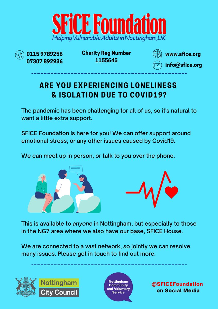 Mental Health Awareness week is nearly over, but mental health struggles are lifelong for many.

SFiCE is here for you with free listening support to help with isolation &amp; loneliness experienced due to Covid19.

We can speak on the phone, or meet face 2 face.

❤️