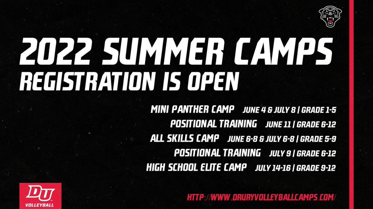 🚨Less than 1 month away!🚨

We are excited to see you back this summer! 👏🏽🏐 

Link for registration: druryvolleyballcamps.com 

#pantherpride🐾