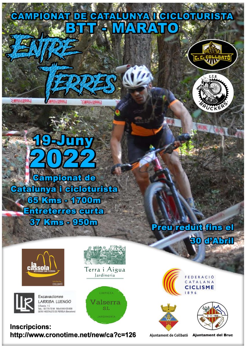 🚵‍♂️L'Entreterres es prepara per rebre el Campionat de Catalunya de BTT Marató.

📆 Diumenge 19 de juny
📍 Collbató i El Bruc

‼️ Inscripcions obertes!

+ info 👉 bit.ly/3w8F6F2

#ciclismecat #BTT #XCM