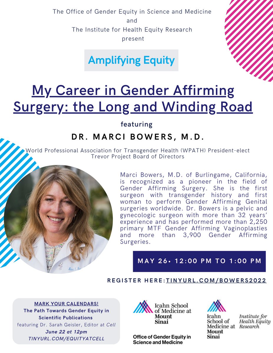 Office of Gender Equity in Science and Medicine (@ismmsgendereq) on Twitter photo Join us on May 26 at 12pm for "My Career in Gender Affirming Surgery: the Long and Winding Road" featuring Dr. Marci Bowers <a href="/marcibdoc/">Marci bowers</a>
Register today: tinyurl.com/Bowers2022 <a href="/IHERMountSinai/">Institute for Health Equity Research</a> Join us on May 26 at 12pm for "My Career in Gender Affirming Surgery: the Long and Winding Road" featuring Dr. Marci Bowers <a href="/marcibdoc/">Marci bowers</a>
Register today: tinyurl.com/Bowers2022 <a href="/IHERMountSinai/">Institute for Health Equity Research</a>