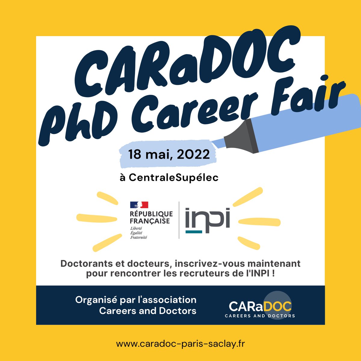 INPIFrance's tweet photo. 📢 #Doctorants, #ingénieurs, #PhD, vous faites quoi le 18 mai ? 

📆 RDV au @CARaDOCasso à @UnivParisSaclay pour échanger avec nos collaborateurs sur les opportunités d'emplois à l'INPI ! 

📝 Inscrivez-vous et découvrez nos offres d'emploi : https://t.co/CE8ZnTkVv8 https://t.co/1qonDxl32T