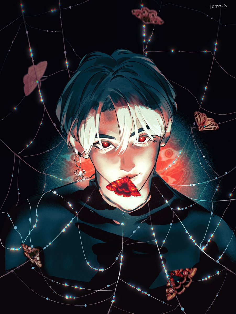 1boy male focus solo silk spider web red eyes earrings  illustration images