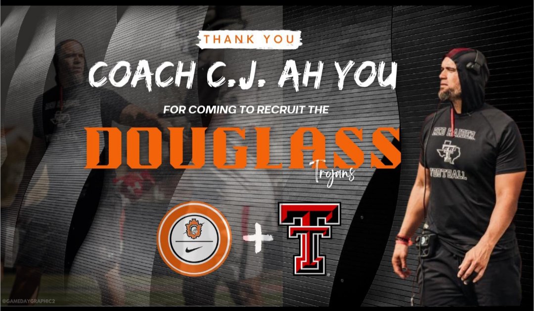 Thanks Coach <a href="/CoachAhYou/">C.j. Ah You</a> for coming by Douglass yesterday to recruit the Trojans <a href="/GameDayGraphic2/">ⒼⓐⓜⓔⒹⓐⓨ Ⓖⓡⓐⓟⓗⓘⓒⓢ</a> <a href="/TexasTechFB/">Texas Tech Football</a> <a href="/JoeyMcGuireTTU/">Joey McGuire 🌵</a> <a href="/DHSAthleticsOKC/">Douglass Trojans Athletics</a> <a href="/OKCPS_Athletics/">OKCPS Athletics</a>