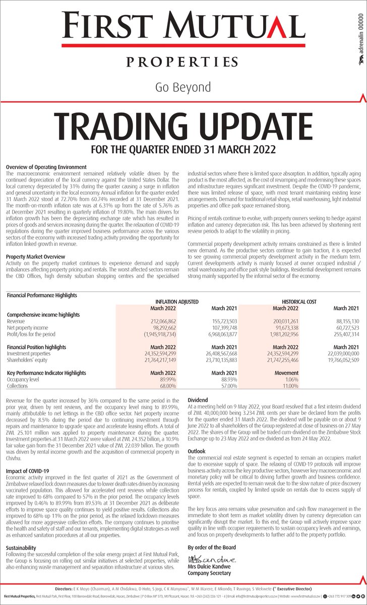 First Mutual Properties Limited trading update for the quarter ended 31 March 2022.

#WithYouForYou