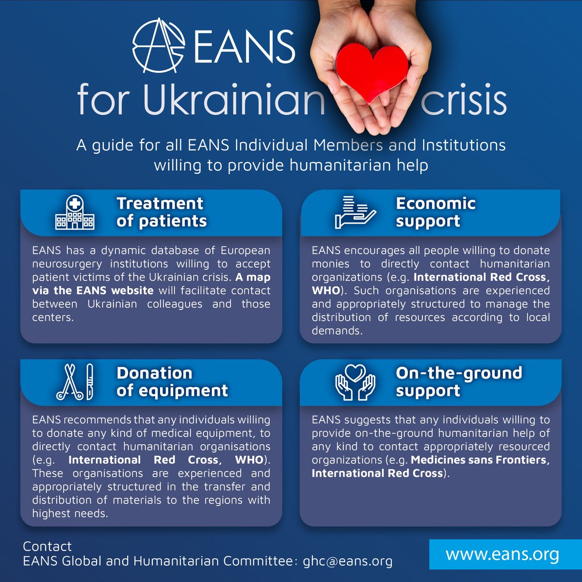 EANSonline50's tweet photo. EANS for Ukrainian Crisis: Get Involved! Whether small or big, any action can make a difference and have a great impact in the long run. 
Read more how you can get involved! #Ukrainian #Crisis #guide #humanitarianhelp #neurosurgicalcenters 
> > https://t.co/Y00cKTu6MO https://t.co/nG6bClke4Y