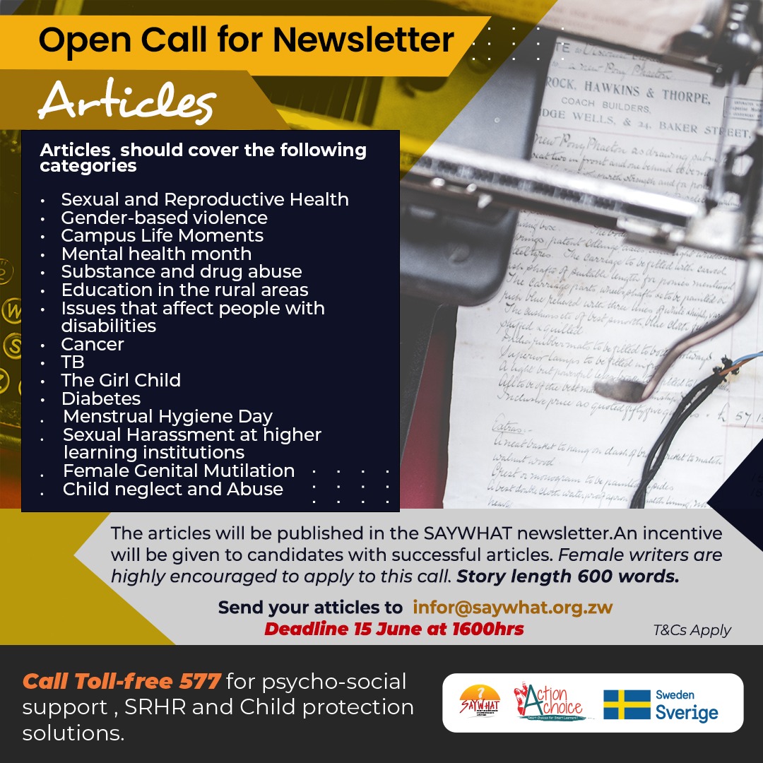 Opportunity Alert! 
An opportunity to young people including students at higher learning institutions to contribute with articles to our newsletter scheduled for  publication towards end of June 2022. Find the details below. 
<a href="/galzinf/">GALZ</a> <a href="/ShamwariyeMwana/">Shamwari Yemwanasikana</a> <a href="/kubatana/">Kubatana</a> <a href="/femalestudents/">Female Students Net</a>