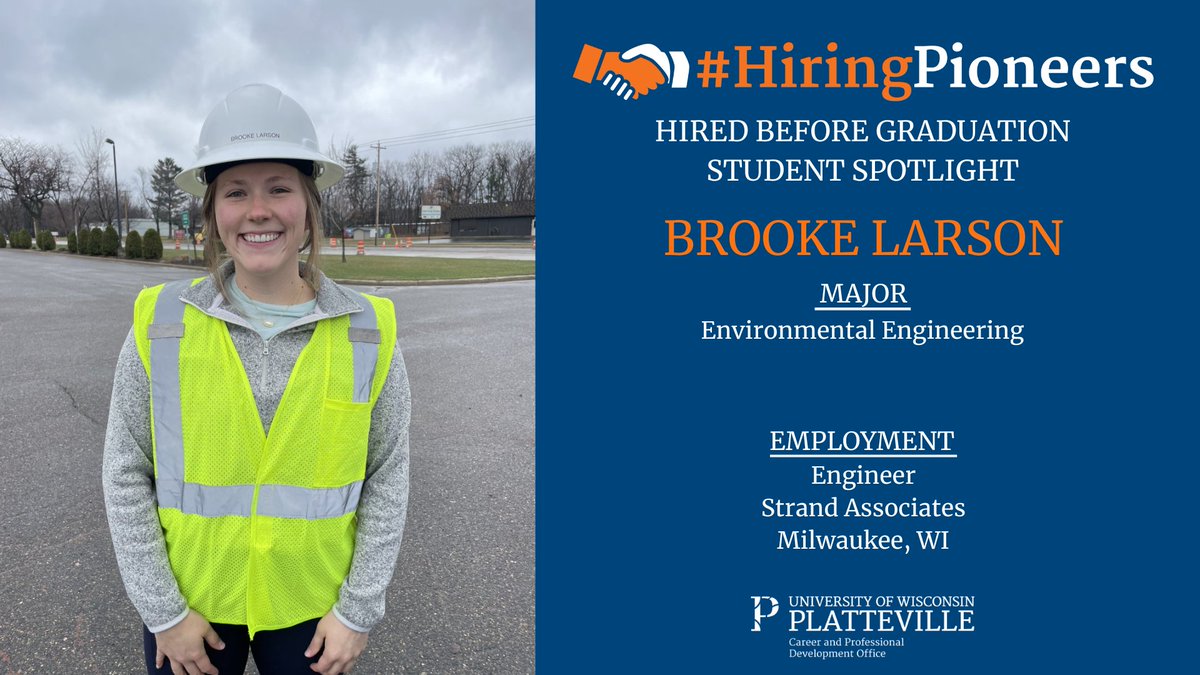 UWPCPDO's tweet photo. Hired Before Graduation Student Spotlight

Brooke Larson
Hometown: Wausau, WI
Major: Environmental Engineering

Employment: Strand Associates – Engineer

Congratulations and best wishes on the start of your career, Brooke! https://t.co/XyFyVTawZv