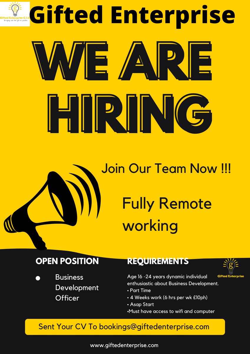 nadiamcinnis's tweet photo. If you are age 16 - 24 and interested in Business Development, then apply below. Exciting opportunity  to help develop a business for young people.
Apply at bookings@giftedenterprise.com asap start. @giftenterprise #YouthEmpowerment #jobopportunity https://t.co/aAoBGytJ8A