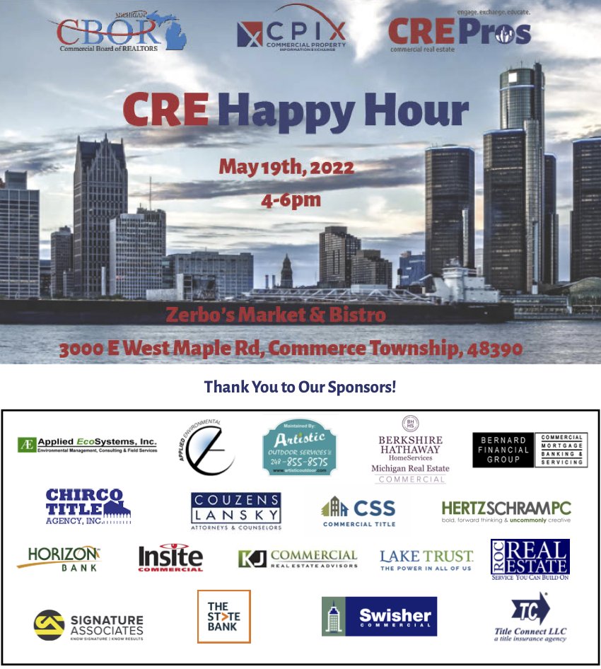 CPIXCRE's tweet photo. CRE Happy Hour is one week away, on May 19th! Thank you to Artistic Outdoor Services for sponsoring the event. Will you be joining us?
RSVP here: https://t.co/DTeta4WhN0
#commercialrealestate #commercialrealtor #Detroit #Michigan #cre #crepros #cpix #cbor https://t.co/xzE4jbQiPL