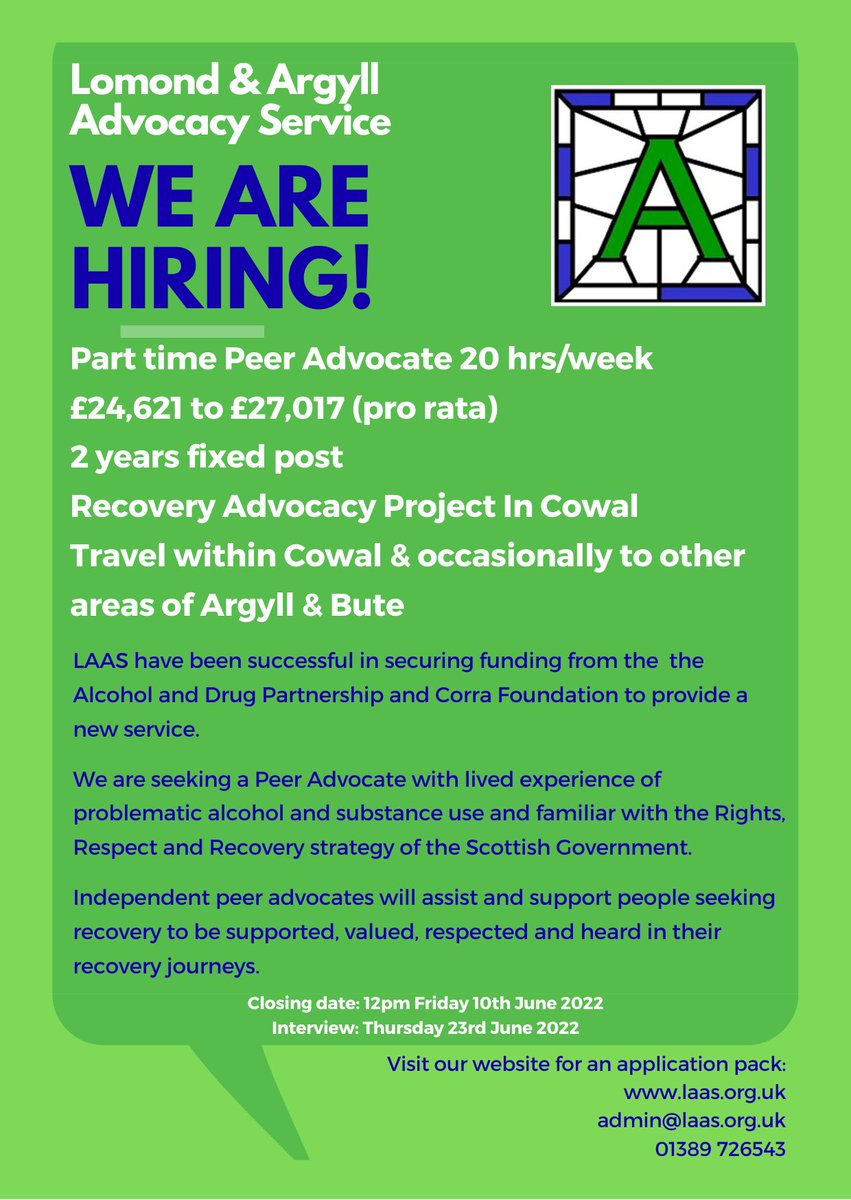 📣New job opportunity Cowal. Thanks to funding from the @argyllandbuteadp &amp; Corra Foundation, we are now looking for a 20 hour/wk Peer Recovery Advocate in Cowal. This is a 2 year fixed post.
Visit laas.org.uk for an app pack and more info.
Closing date 10th June '22
