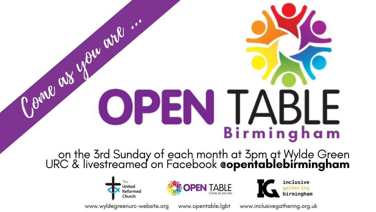 OpenTableBrum's tweet image. This Sunday we're back at Wylde Green URC at 3pm for @OpenTableBrum - we would love to see you there! @NewChurchBrum @wgurc @opentablelgbt @Bhammeth  @inclusivechurch #comeasyouare