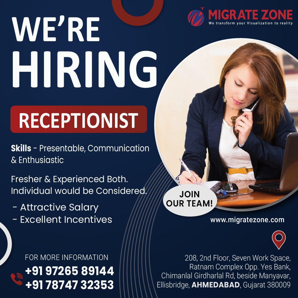 Migrate_Zone's tweet photo. Walk-in-interview at Ahmedabad on Monday to Saturday from 11 am to 4 pm.

If you are looking for a receptionist job then look no further.

We are a visa consultancy company.

Address:
208, 3rd floor, Ratnam Complex, opp. Sapphire Complex C. G. Road, Ahmedabad. https://t.co/fqiAsULzsu