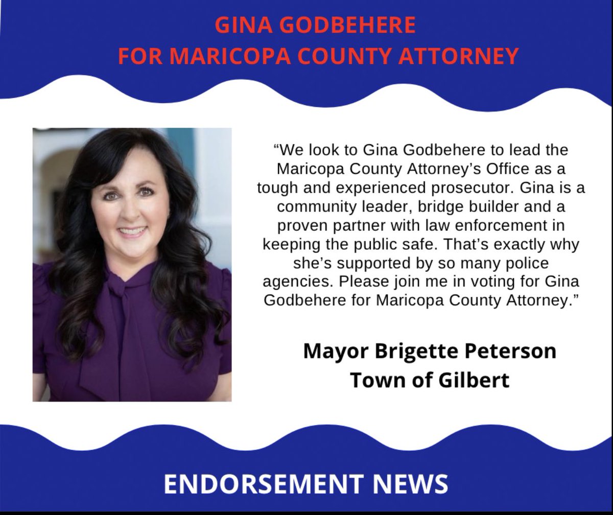 GinaGodbehere's tweet photo. I am proud to announce the endorsement of Mayor Brigette Peterson. Thank you @GilbertAZMayor for your support.
Please visit my website at http:// https://t.co/IqhnGjXvDi
#ProvenProblemSolver #CourageCreatesChange https://t.co/vFKFySb7ZG