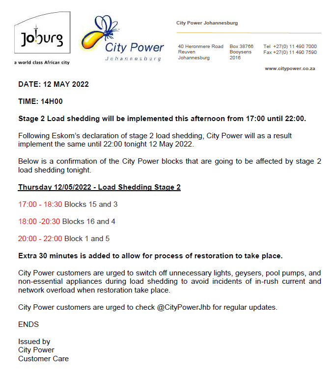 CityPowerJhb's tweet photo. LOADSHEDDING ALERT⚠️

#Stage2 #loadshedding will take place tonight from 17:00 to 22:00.

City Power customers are urged to check @CityPowerJhb for regular updates. ^DR https://t.co/sEUHFQF0Ma