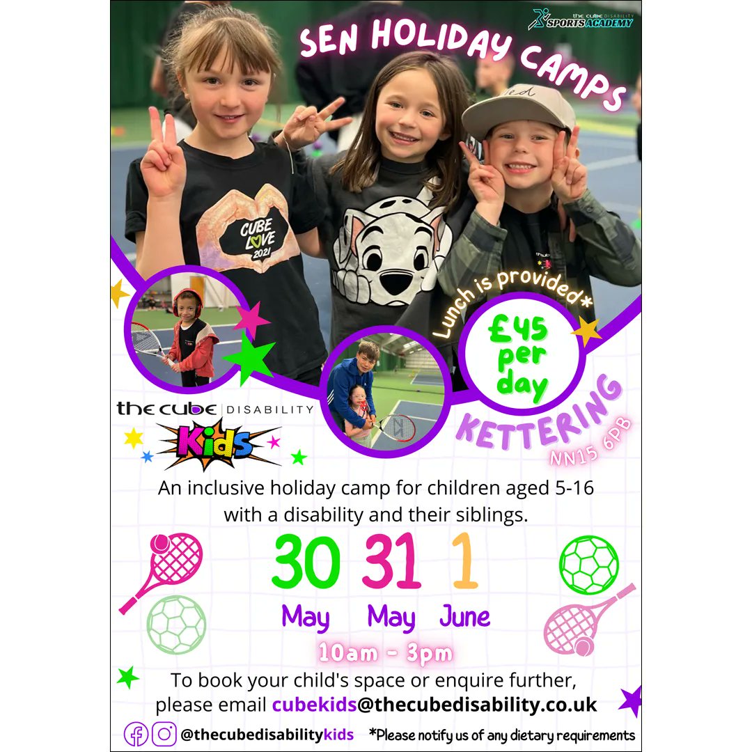 Book now for holiday camps during the May half-term in Kettering. Sports for children aged 5-16 with disabilities (and their siblings). For more information, email @CubeDisability Kids (cubekids@thecubedisability.do.uk). #KetteringSEND