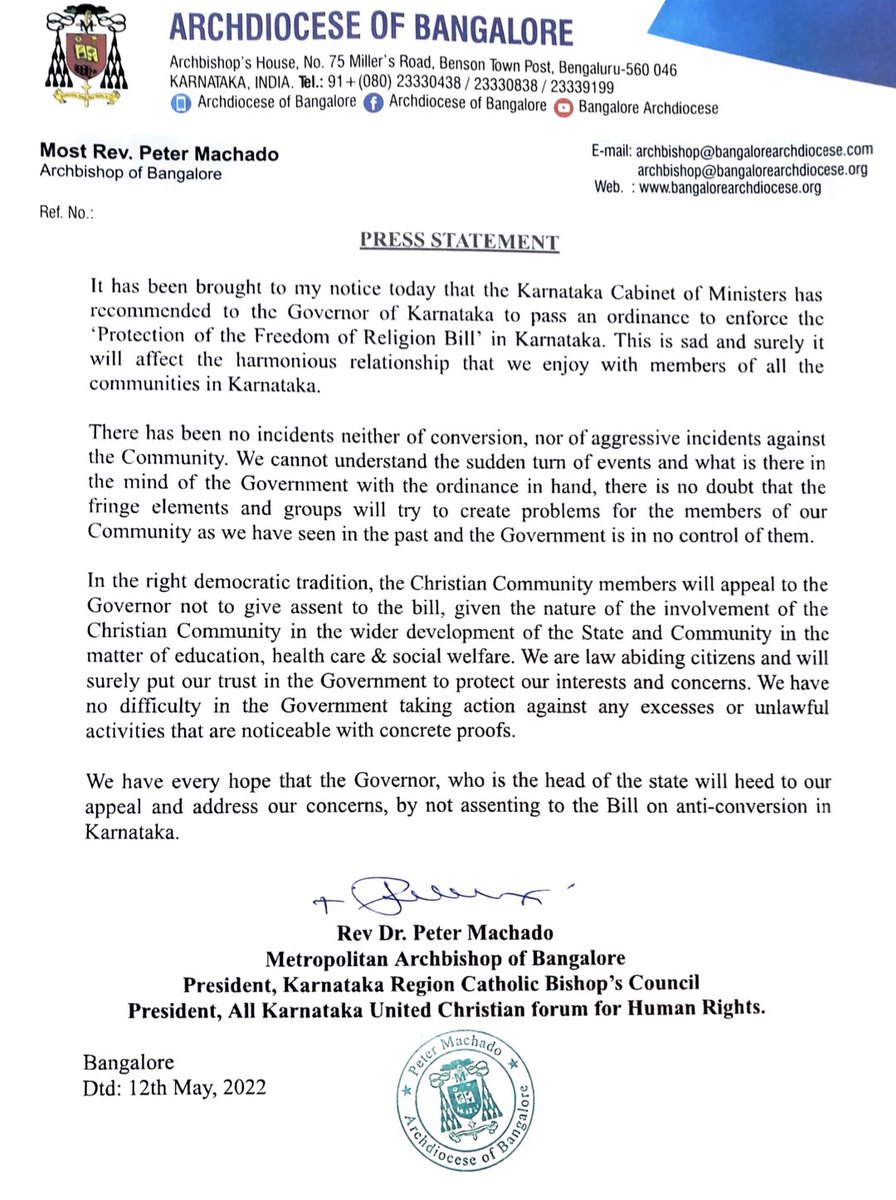 Bengaluru Archbishop Peter Machado urges Karnataka Governor <a href="/TCGEHLOT/">Thaawarchand Gehlot</a> not to give assent to the ordinance passed by the <a href="/BSBommai/">Basavaraj S Bommai</a> Cabinet today that will give effect to the anti-conversion law. <a href="/DeccanHerald/">Deccan Herald</a>