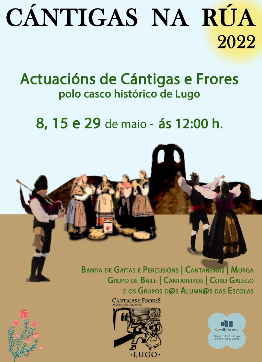 Cántigas na Rúa 12h Praza de Santo Domingo
💥 Grupo xuvenil de baile 
💥 Grupo xuvenil de canto
💥 Grupo adulto iniciaciòn de baile
💥 Aula de gaita e percusiòn (adultos)
💥 Grupo adulto I de baile
💥 Banda de Gaitas e Percusiòn B
💥 Grupo adulto perfeccionamento de canto I e II