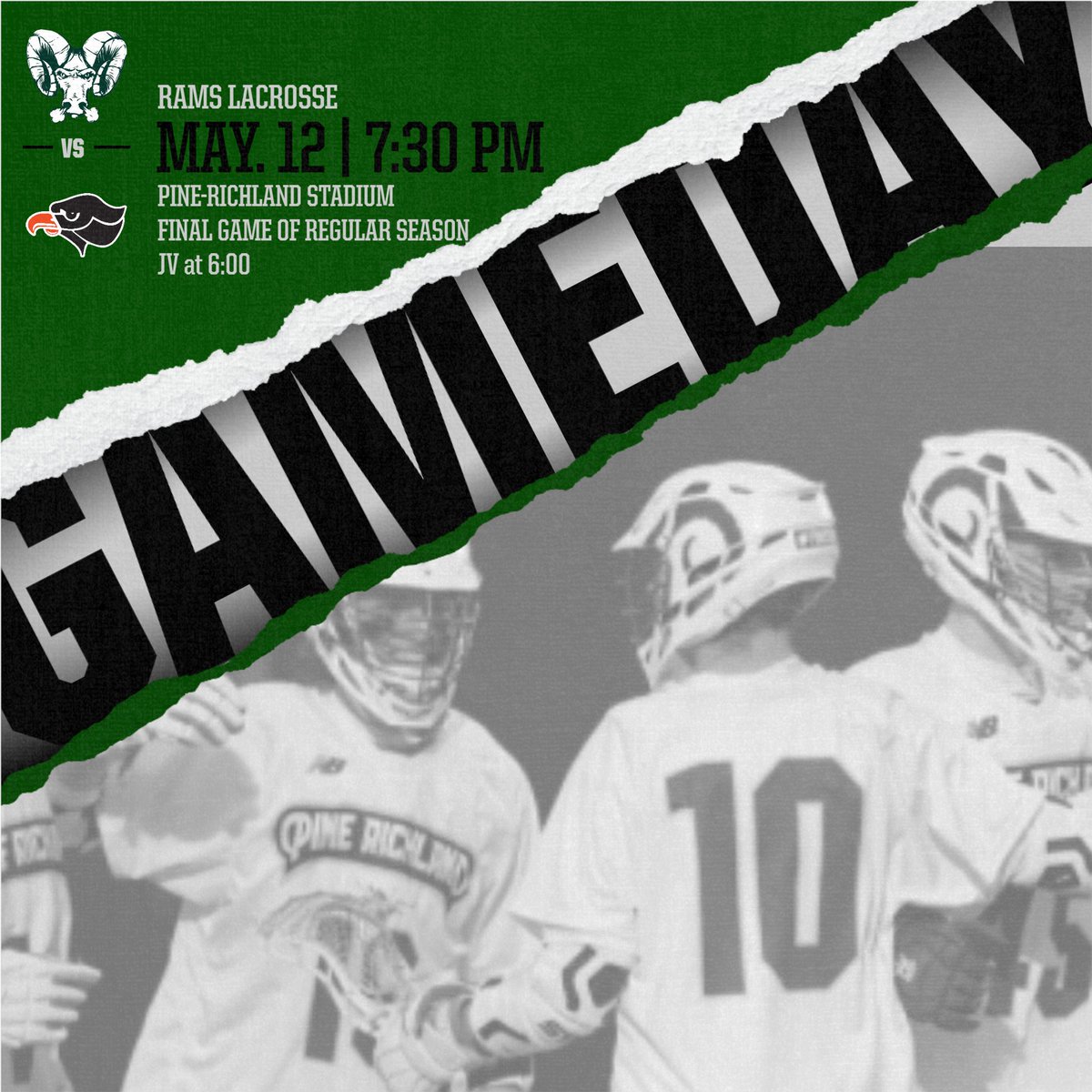 PineRichlandLax's tweet photo. PR vs. @bethelpark_lax in the regular season finale. Faceoff at 7:30 (JV at 6:00) at Pine-Richland Stadium. #wearepr #prlax https://t.co/lS41fFc5Z6