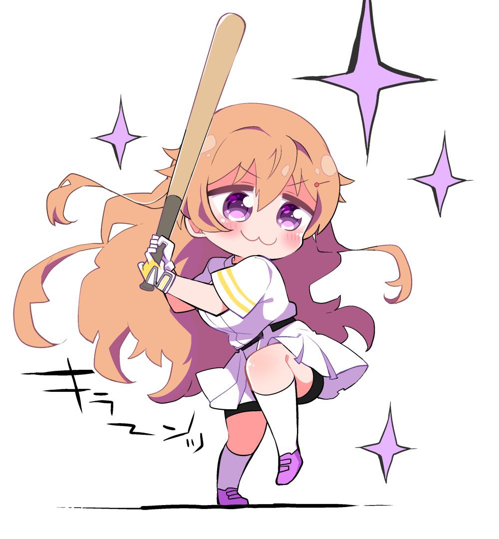 1girl baseball bat purple eyes long hair solo baseball uniform chibi  illustration images