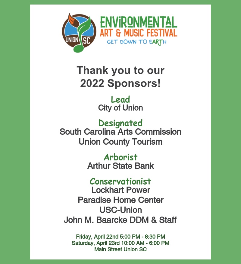UnionEAMF's tweet photo. Thank you again to our sponsors! We could not have done it without you! #getdowntoearth #unionsc #upstatesc #nature #artfestival #musicfestival #scfestival https://t.co/Xv9Vhxb49e