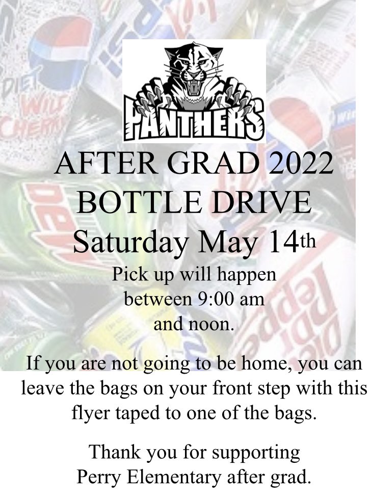 DrPerrySCC's tweet photo. The Perry Grade 8s are holding a bottle drive for their after grad this Sat. Other ways to support:
1. Sarcan Drop&amp;Go - Panthers2022
2. Drop your bottles at the school parking lot Sat 9am-12pm
3. Email perryaftergrad@gmail.com your address, they’ll pick them up May 13 after 6pm https://t.co/VCvVKGjzhC