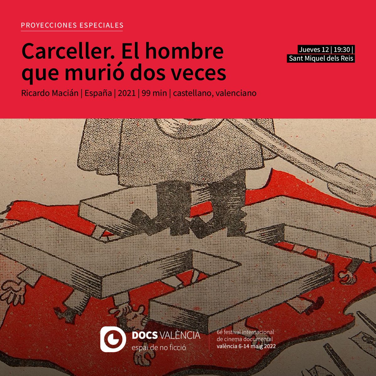 DocsValencia's tweet photo. 🔴 Hoy ocurre esto. 

📽️ Una proyección especial con mucha carga simbólica, ya que en Sant Miquel dels Reis estuvieron presos tanto el editor de 'La Traca', Carceller, como su viñetista, Carlos Gómez "Bluff". 

#DocsValència2022

➕⬇️ https://t.co/exNsBle3rI