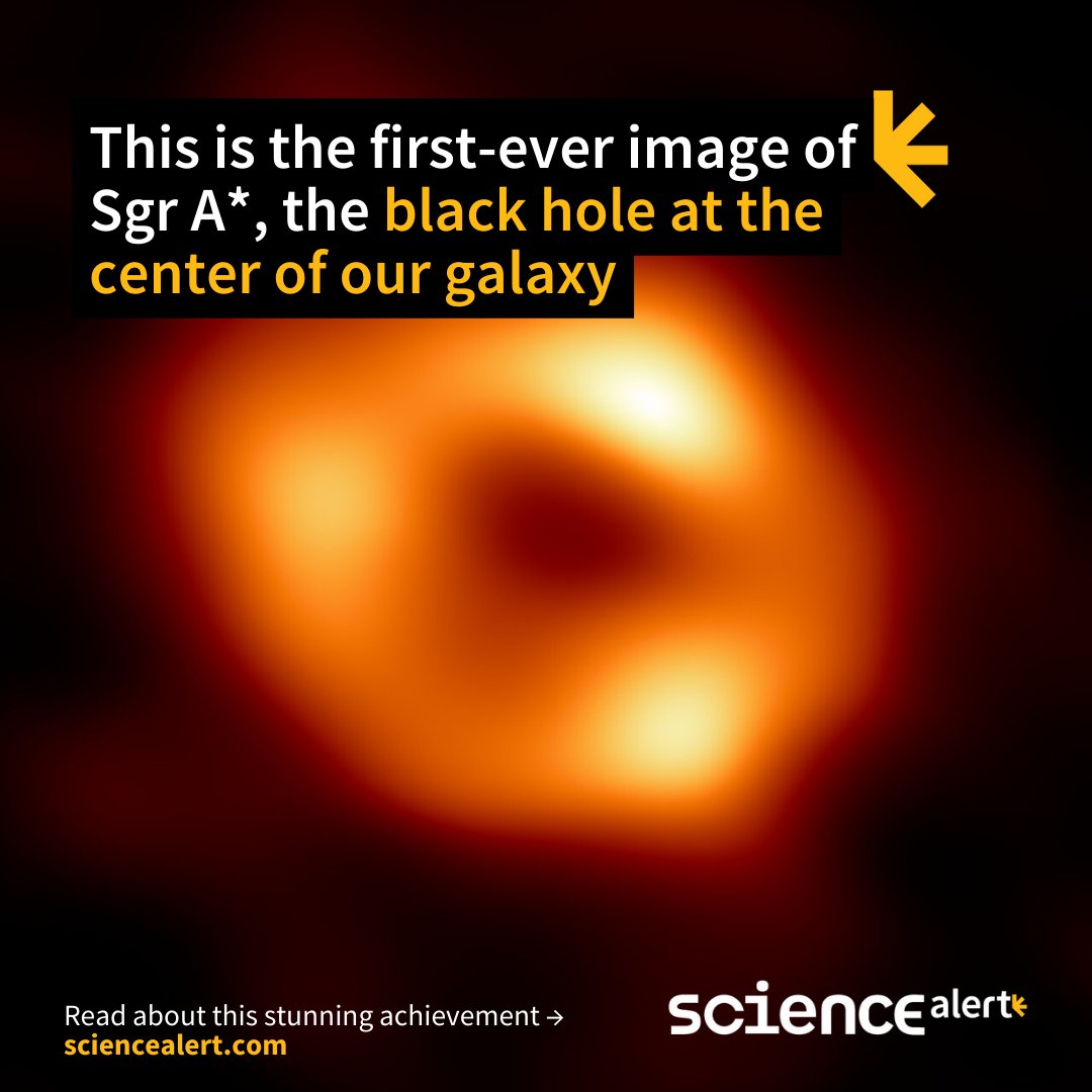 ScienceAlert's tweet photo. This is the first-ever image of the supermassive black hole at the center of our own galaxy!! 😭⚫🔭🙌 

This monumental achievement was just revealed by the proud team behind the Event Horizon Telescope project. Congratulations! 
Read more: https://t.co/KW6jrtu9DB https://t.co/u3Q8YEOAWF