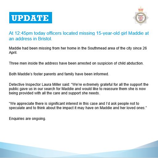 ASPolice's tweet photo. We're delighted to confirm we've found missing 15-year-old girl Maddie.

Thank you so much for sharing our appeals and providing us with information. 

https://t.co/PTxyyAZlS8 https://t.co/b9JmHXO7Op