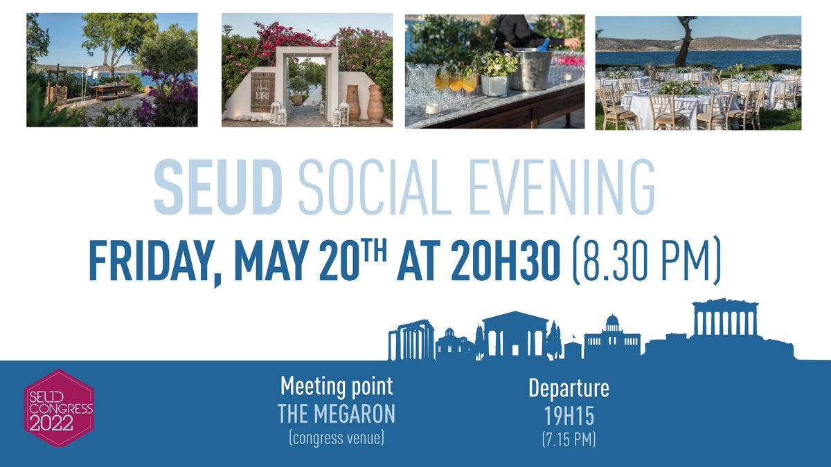 Official_SEUD's tweet photo. 🎉 Join us for #SEUD Social Evening on Friday, May 20th at 20h30! Book your dinner at the registration desk or online —> https://t.co/PJV6vh6j6I
Enjoy a nice & elegant evening during #SEUD2022 in Athens!
Shuttles are organized from the Megaron (#congress venue) back & forth https://t.co/TNH0Nm0yi1