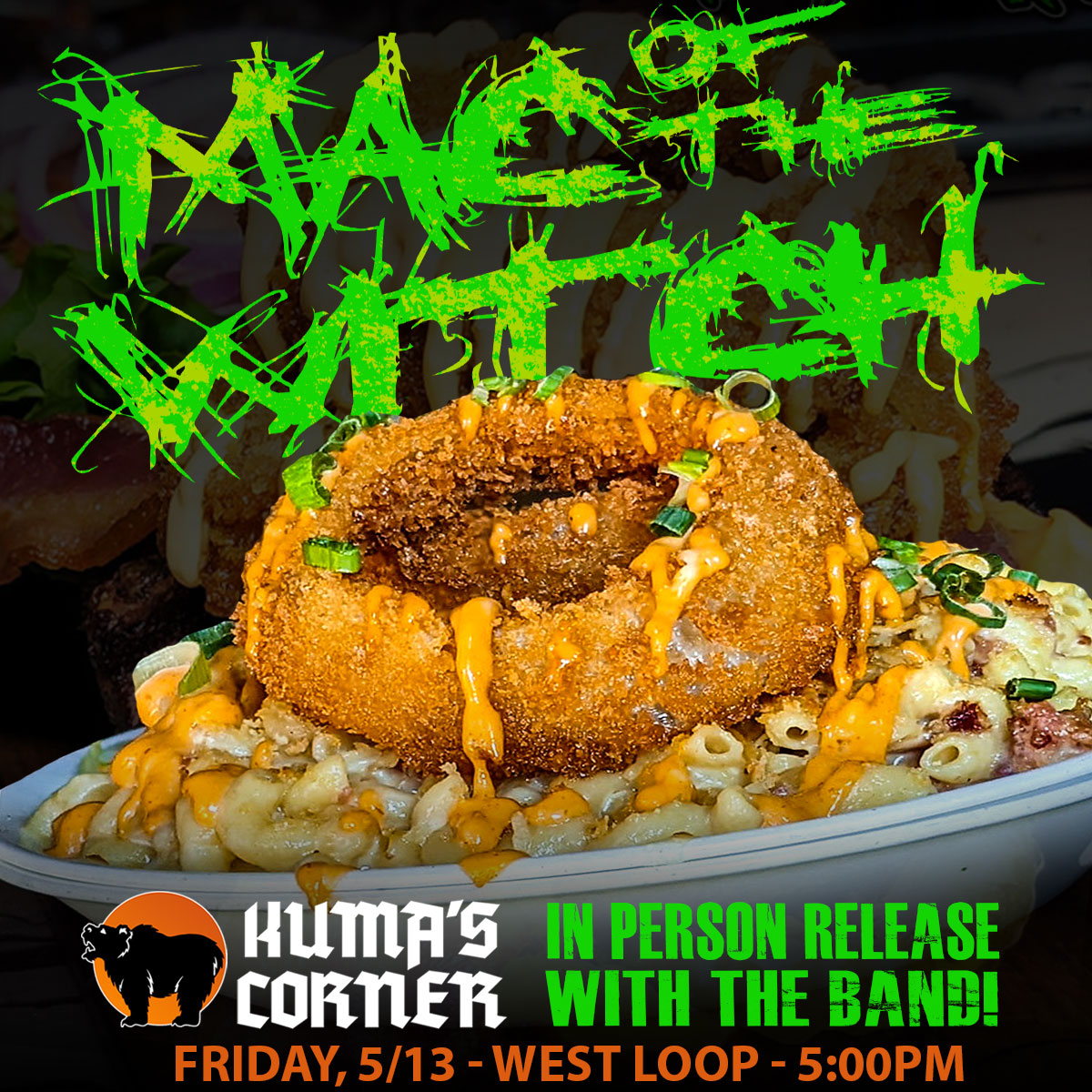 JOIN US IN PERSON, TOMORROW Friday the 13th at @KumasWestLoop while we try out the TESTAMENT TITAN Burger and the MAC OF THE WITCH mac and cheese! 🤘