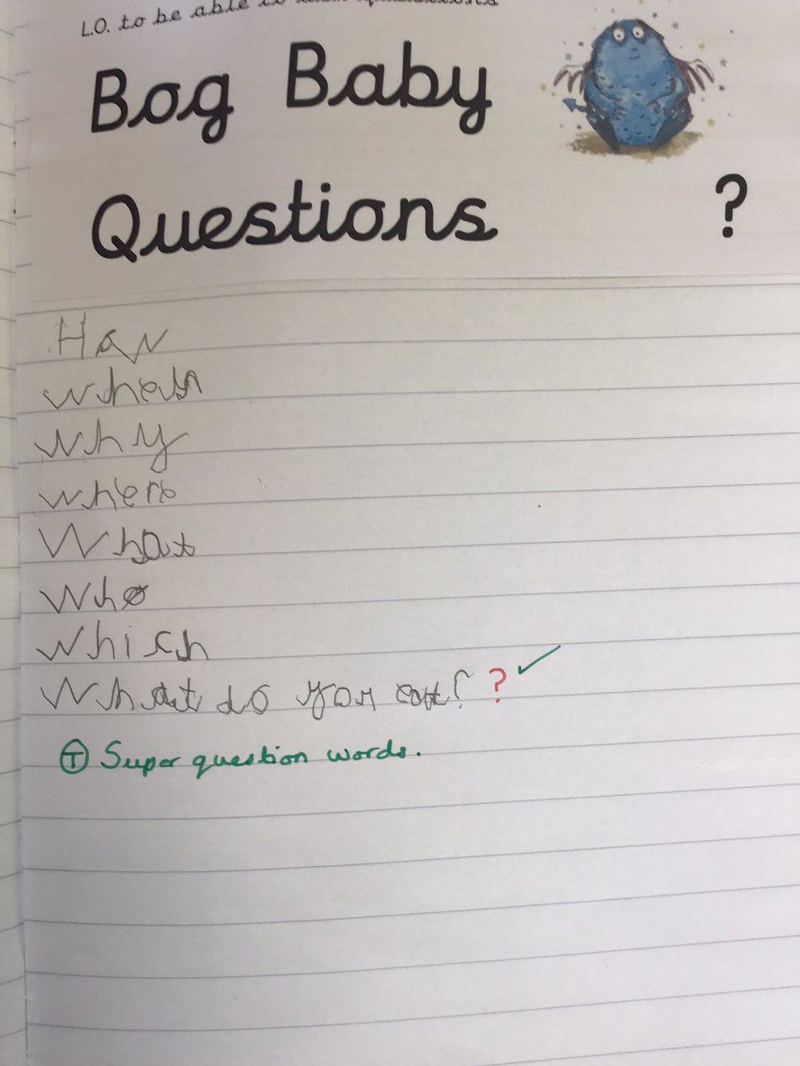 Today we asked the Bog Baby some questions and then we wrote our own questions. Class 1M are loving the Bog Baby book! @gaskellwrites