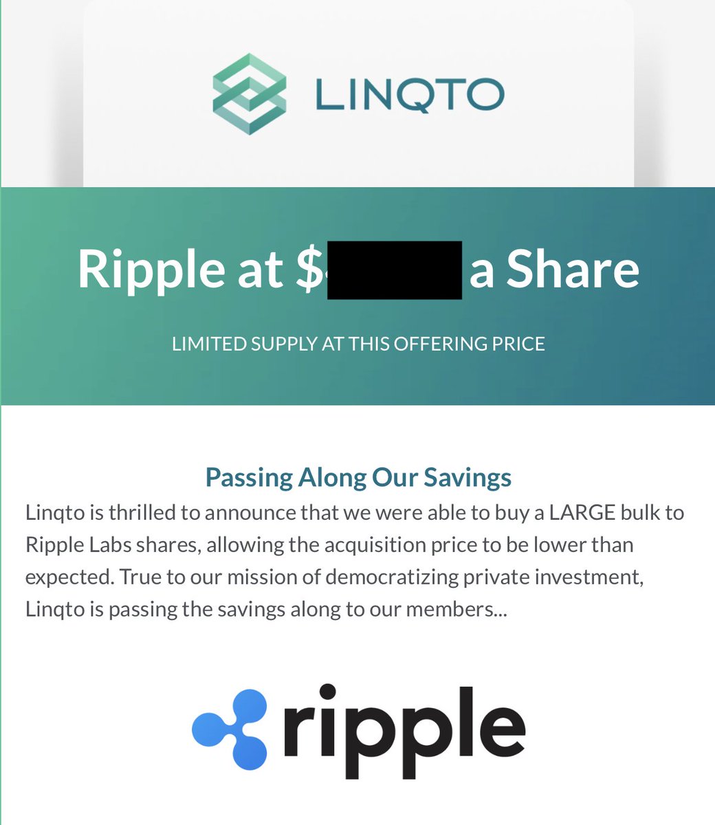 Nick_Burrafato's tweet photo. 📢Linqto is thrilled to announce we were able to buy a LARGE bulk of Ripple, allowing the acquisition price to be lower than expected.True to our mission of democratizing private investment, Linqto is passing the savings along to our members.Please see app for pricing per regs.🔽 https://t.co/ankKb2oOs7