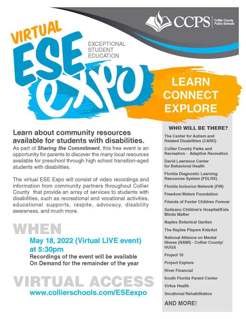 GCSharks's tweet photo. Next Wed, May 18, CCPS will be offering a Virtual ESE Expo at 5:30 PM. The free event is an opportunity for parents to discover the many local resources available for students with disabilities. To access the event, please visit https://t.co/nD0PEnaVU9. #CCPSSuccess #CCPSF https://t.co/VCRC3uVtaK
