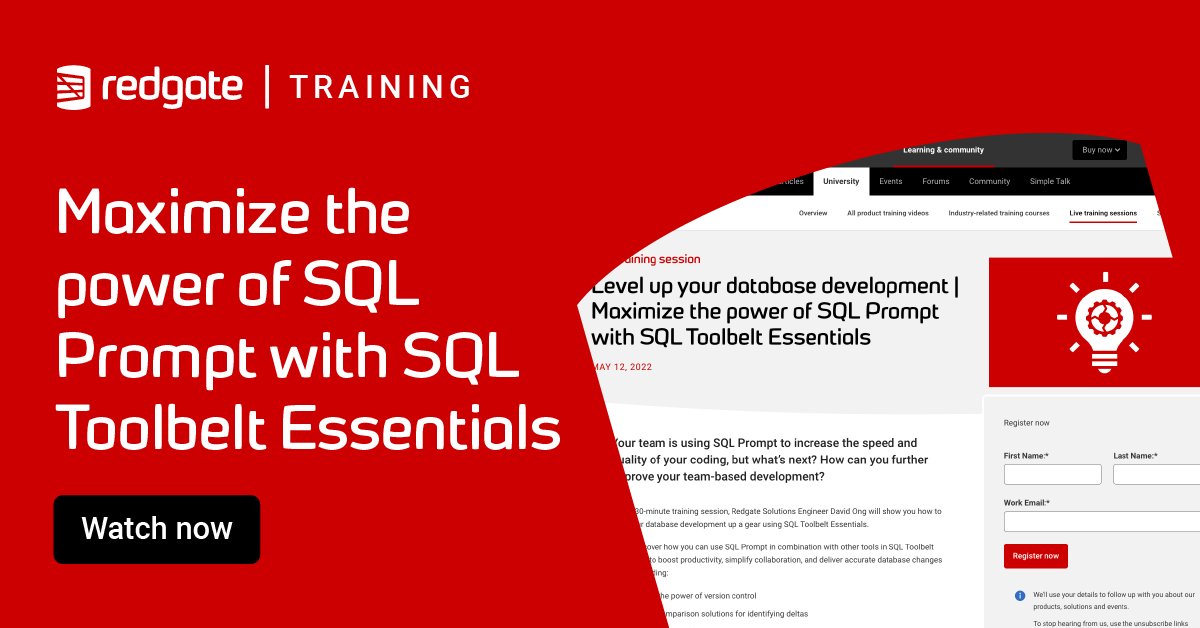 redgate's tweet image. Starting soon! 📽️
In this 30-minute training session, @redgate Solutions Engineer David Ong shows you how to take your #database development up a gear using #SQLToolbelt Essentials.ow.ly/c4nB50J6hhH