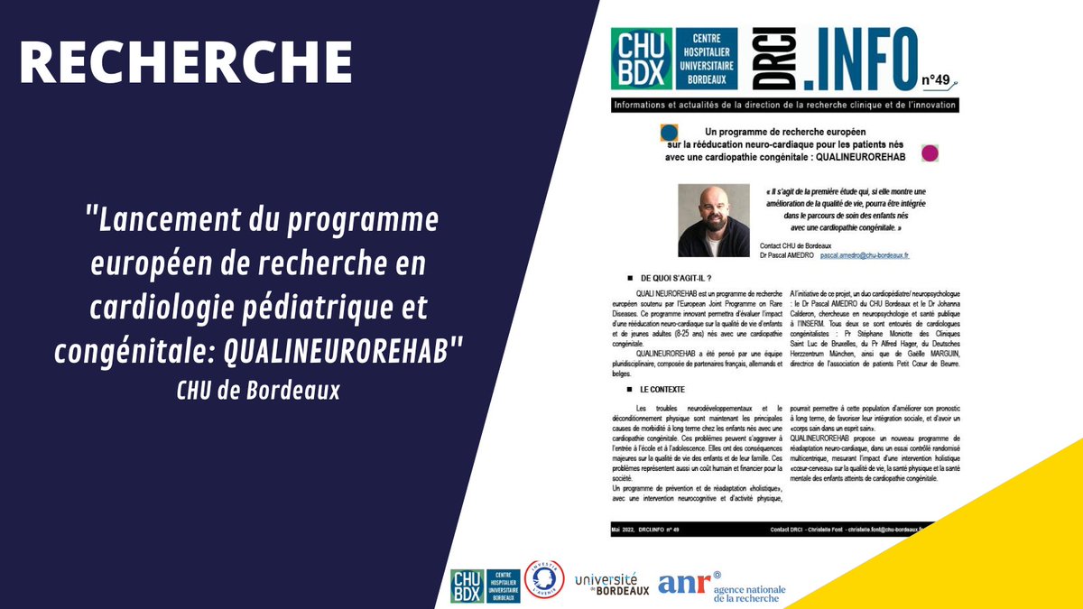 [#RECHERCHE] Lancement du programme européen de recherche sur la rééducation #neurocardiaque pour les patients nés avec une #cardiopathie congénitale "#qualineurorehab" #santé 
Initiative du Dr <a href="/Pascal_Amedro/">Pascal Amedro</a>, cardiologue au <a href="/CHUBordeaux/">CHU de Bordeaux</a> 
▶ chu-bordeaux.fr/Professionnels…