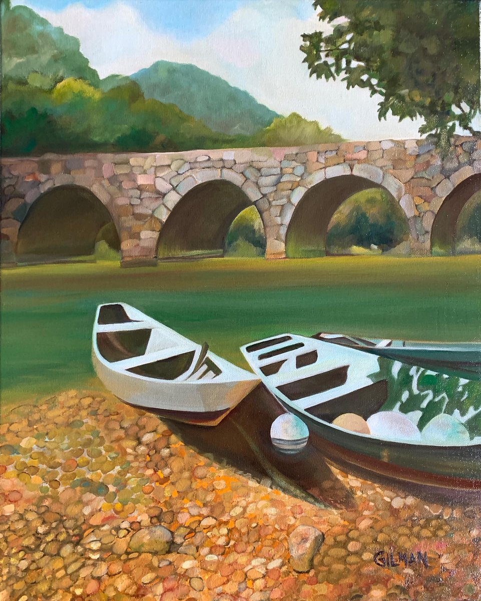Thank goodness you can paint over oils! The much earlier version (swipe right) was a mess… Now it just needs a name. Any suggestions? Oil on Canvas 20”Hx16”W #redo #tryagain #oilpainting #srtistlife #boatsandbridges #scenicbridge #trytryagain #scenicview #greenandgold