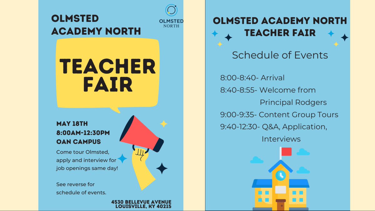 Olmsted North (@olmstednorth) on Twitter photo Calling all prospective educators: OAN is holding a Teacher Job Fair on May 18th from 8-12:30. Come and join this amazing team! #FindYourTrueNorth #AISuccess #WeAreJCPS @JCPSMiddleEA <a href="/dporterJCPS/">Diane Porter</a> @cmkolb <a href="/JamesDeVille/">jamesrobertcraig@hotmail.com</a> <a href="/joe4d4/">Joseph Marshall - #Joe4D4</a> <a href="/lindadduncan1/">Linda D. Duncan</a> <a href="/corrieshull/">Corrie Shull</a> <a href="/SarahColeMcInt1/">Sarah Cole McIntosh</a> Calling all prospective educators: OAN is holding a Teacher Job Fair on May 18th from 8-12:30. Come and join this amazing team! #FindYourTrueNorth #AISuccess #WeAreJCPS @JCPSMiddleEA <a href="/dporterJCPS/">Diane Porter</a> @cmkolb <a href="/JamesDeVille/">jamesrobertcraig@hotmail.com</a> <a href="/joe4d4/">Joseph Marshall - #Joe4D4</a> <a href="/lindadduncan1/">Linda D. Duncan</a> <a href="/corrieshull/">Corrie Shull</a> <a href="/SarahColeMcInt1/">Sarah Cole McIntosh</a>