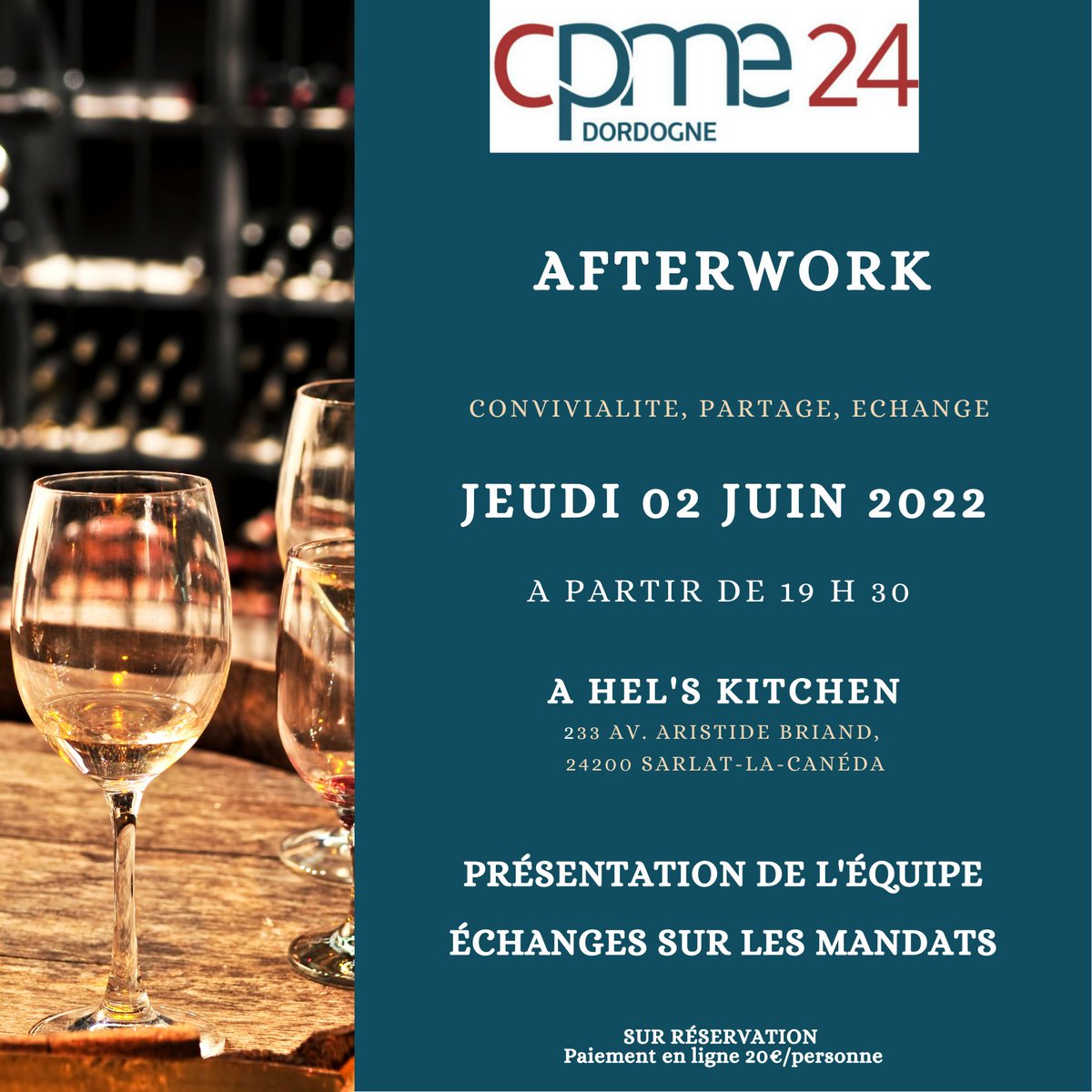 🚨 Afterwork CPME Dordogne 🚨

👩‍👩‍👧L'ensemble de nos adhérents et partenaires sont conviés le jeudi  02 juin à partir de 19h30, à Hel's kitchen à Sarlat.

👉Réserver vite en cliquant sur le lien suivant  : 

helloasso.com/associations/c…