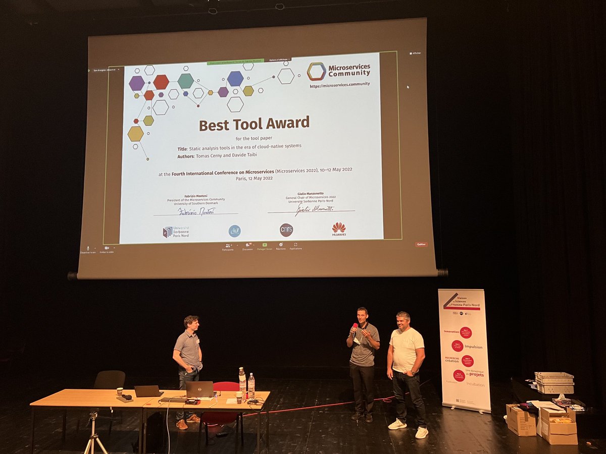 vale_lenarduzzi's tweet photo. The best presentation awards and the best tool awards of the #Microservices2022 conference go both to @davidetaibi and @tomcerny. @TampereUni @Cloudsea_ai @ITC_TampereUni @icMicroservices https://t.co/ozbf4xI439