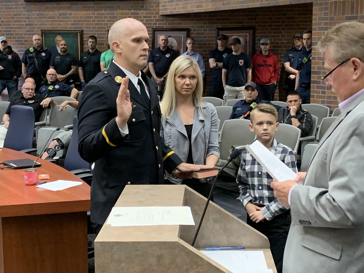 MiamiTownship's tweet photo. Congratulations to the Miami Valley Fire District new Battalion Chief Mike Renk (left), and new Lieutenant Mike Krapf, both sworn in to office Thursday morning by MVFD board President John Stalder. #miamitwppride #miamisburgohio #MVFD https://t.co/Q4Xsnd6oL3