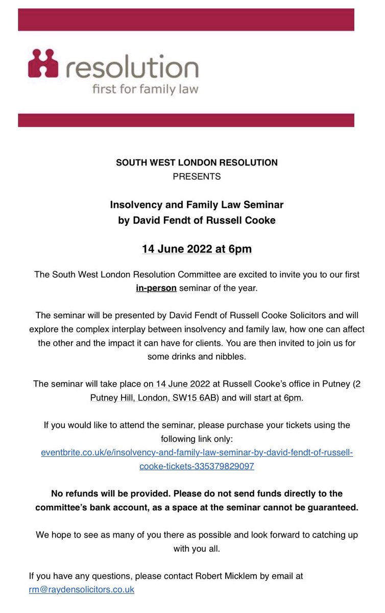 We are excited to be hosting our first in-person seminar of the year on 14 June. The seminar will be presented by David Fendt of <a href="/RussellCooke/">Russell-Cooke</a> and will explore the interplay between insolvency and family law. More details below. Purchase tickets here: eventbrite.co.uk/e/insolvency-a…