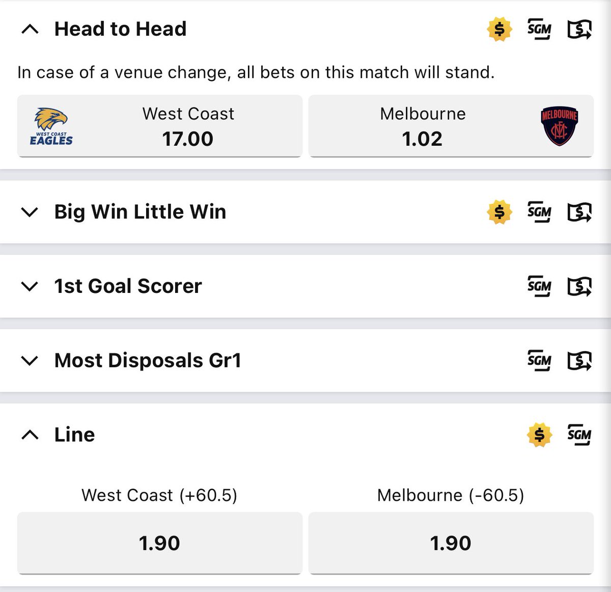 Hello again punters it’s that time again for #weedleystips tip of the week and today we have another opportunity at free money. After the lions easily covered the spread last week I’m confident the dees have a 10 goal lead at quarter time. Good value in 100+ drumming at $5.60