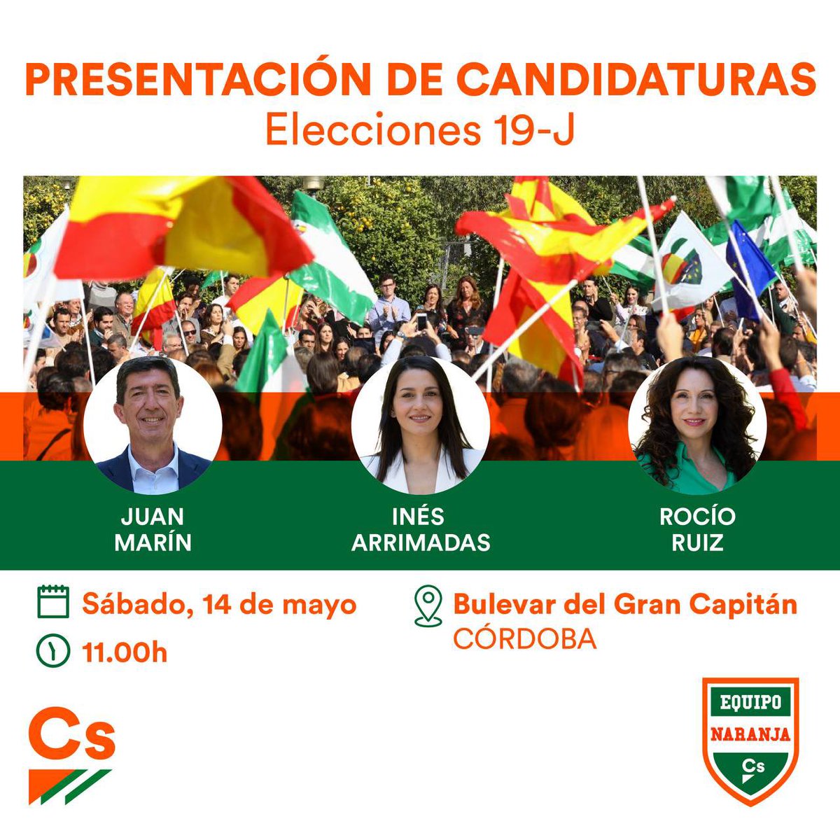 CsCordoba_Prov's tweet photo. 🍊 ¡@InesArrimadas, @JuanMarin_Cs y @RocioRuizDom estarán este sábado en #Córdoba en la presentación de candidaturas #19J! 

¡Te esperamos en el Bulevar del Gran Capitán a partir de las 11:00 horas!
💚 #AndalucíaLiberal

🔛 Podrás seguirlo #EnDirecto aquí: https://t.co/phP0ePbPsi https://t.co/9wktvvxnS1